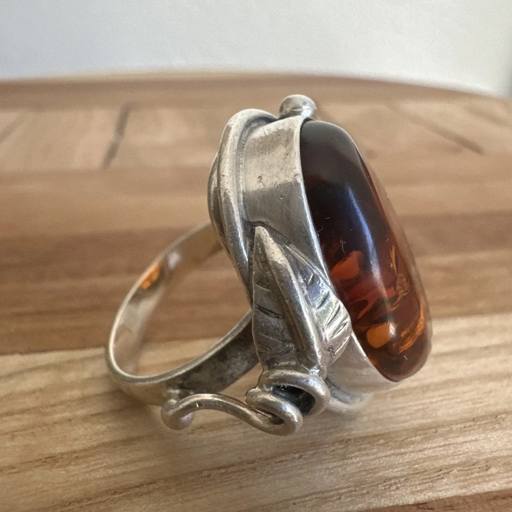 Vintage Artisan Brutalist Ring Size 7 Poland Baltic Amber 925 Sterling 12.5g MCM